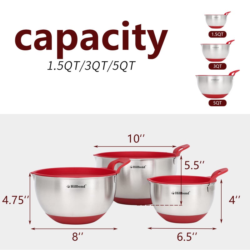 Hillbond Mixing Bowls with BPA Free Airtight Lids Nesting Bowls with Pour Spout, Silicone Handle and Non-Slip Bottoms for Baking, Stainless Steel Mixing Bowls Dishwasher Safe, 1.5, 3, 5 QT (Red) - Image 5